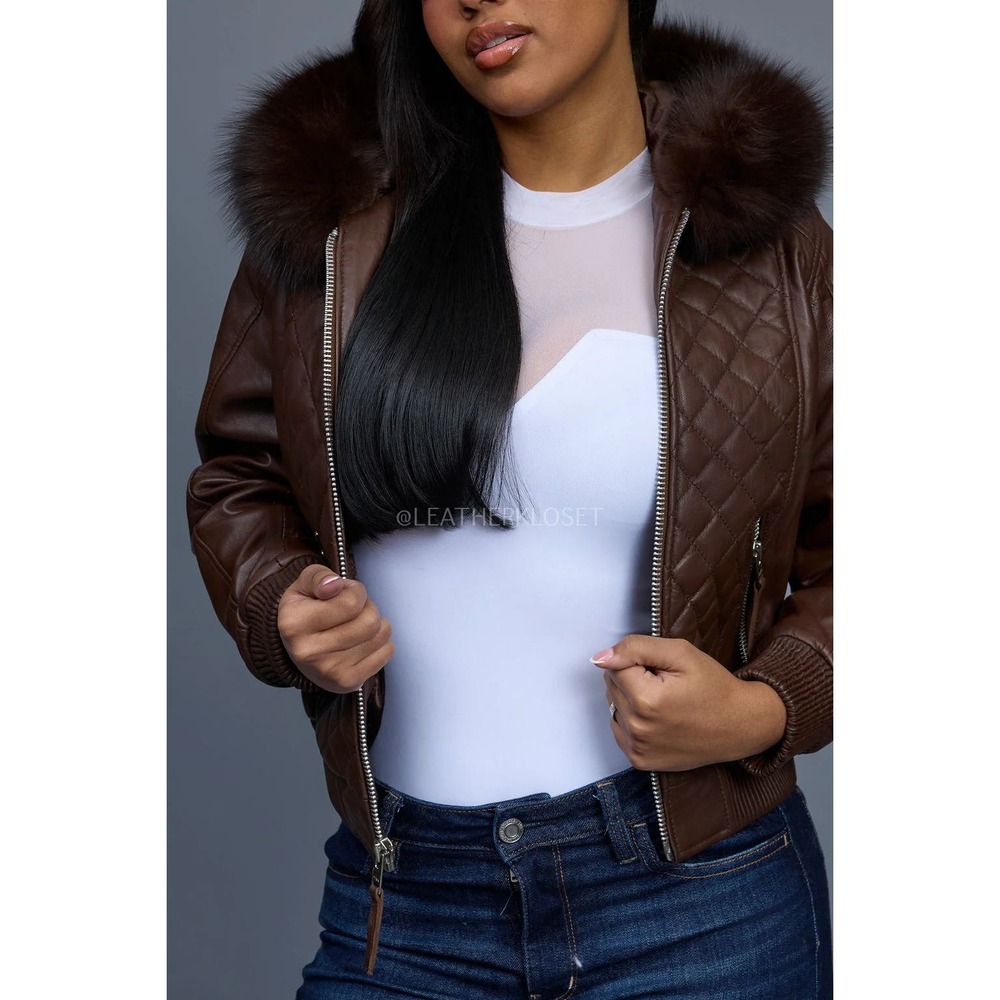 Quilted Faux Leather Bomber Jacket Brown Leopard Faux Fur Lined Zip Up Coat (84)